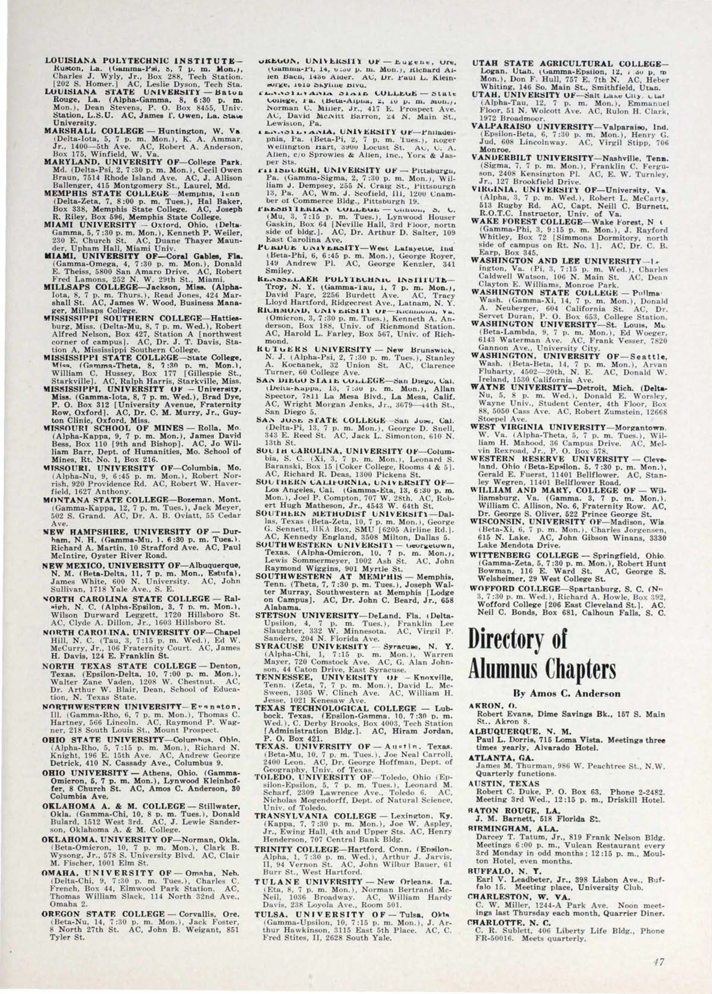 Directory Of Alumnus Chapters, September 1955